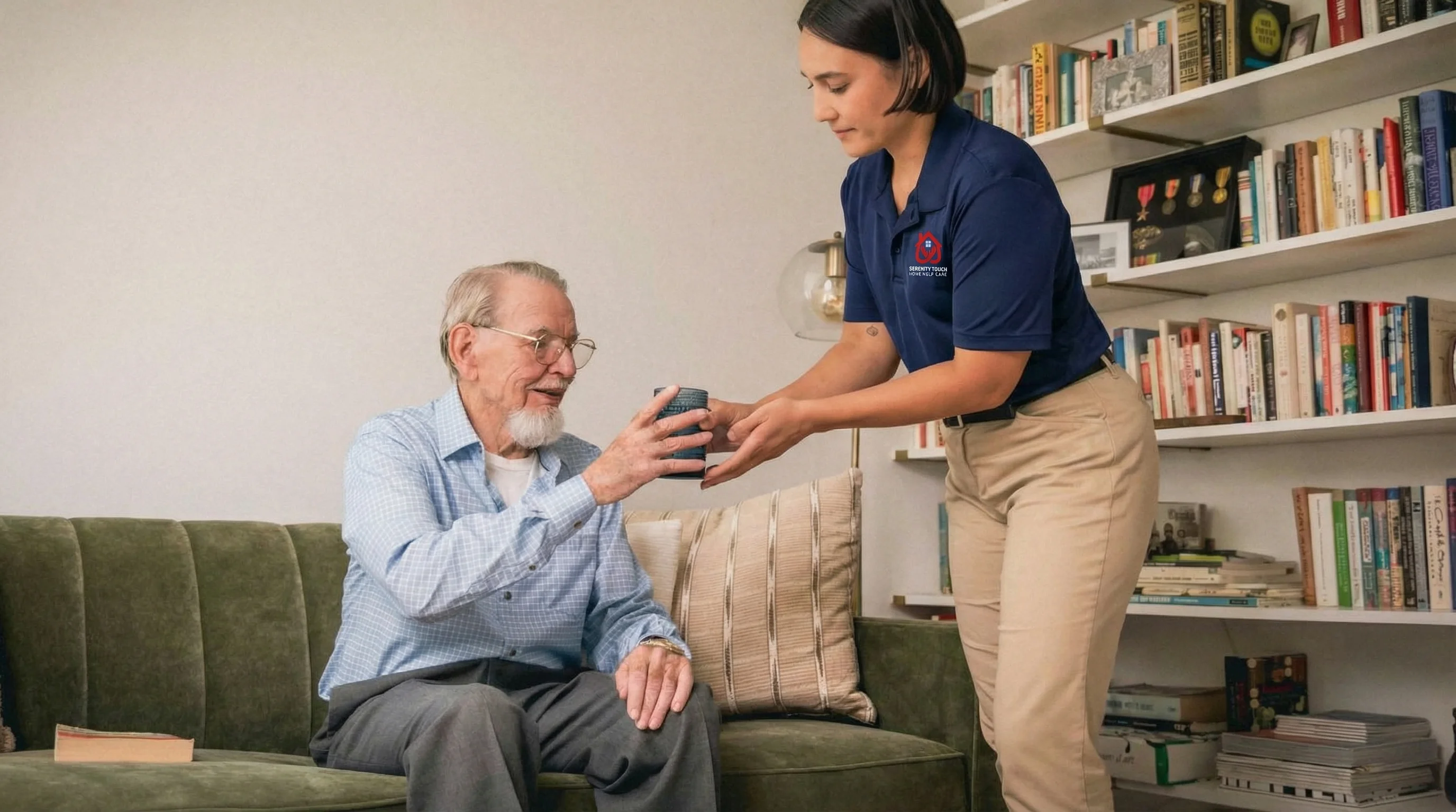 Caregiver helping elderly man at home
